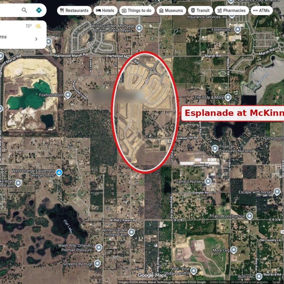 Satellite map showing the approximate location of Esplanade at McKinnon Groves south of Hartwood Marsh Road on the Lake-Orange county line