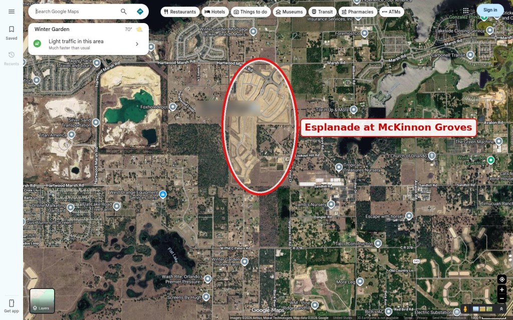 Satellite map showing the approximate location of Esplanade at McKinnon Groves south of Hartwood Marsh Road on the Lake-Orange county line