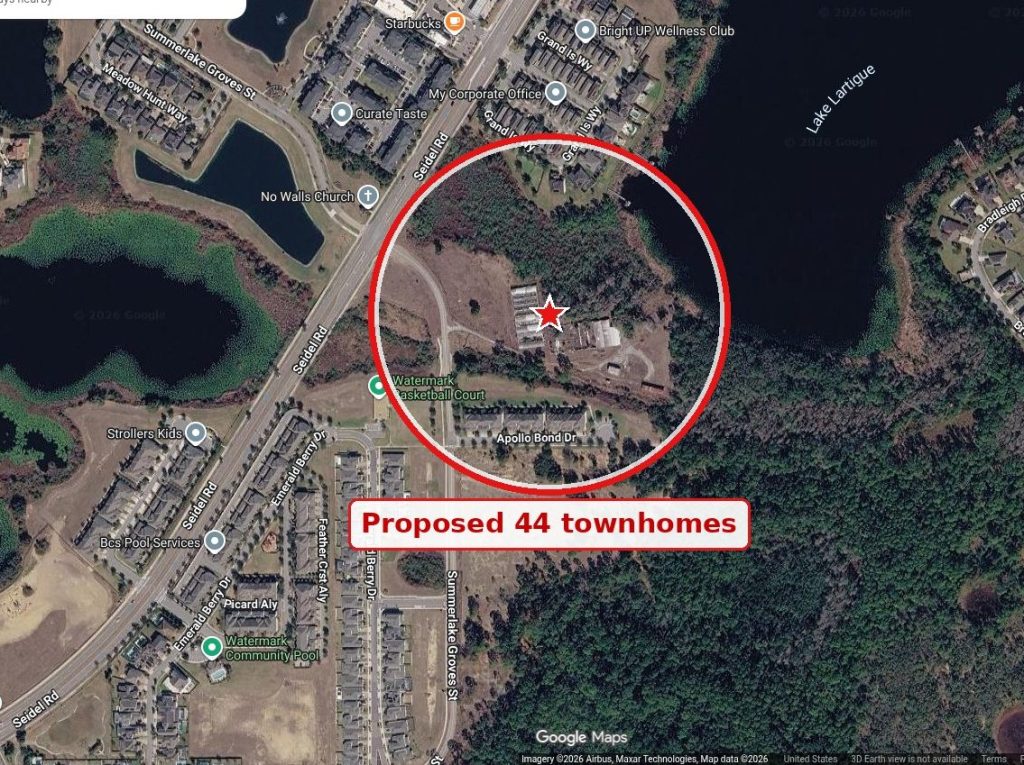 Map showing the proposed 44-townhome site on Seidel Road next to Lake Lartigue in Horizon West
