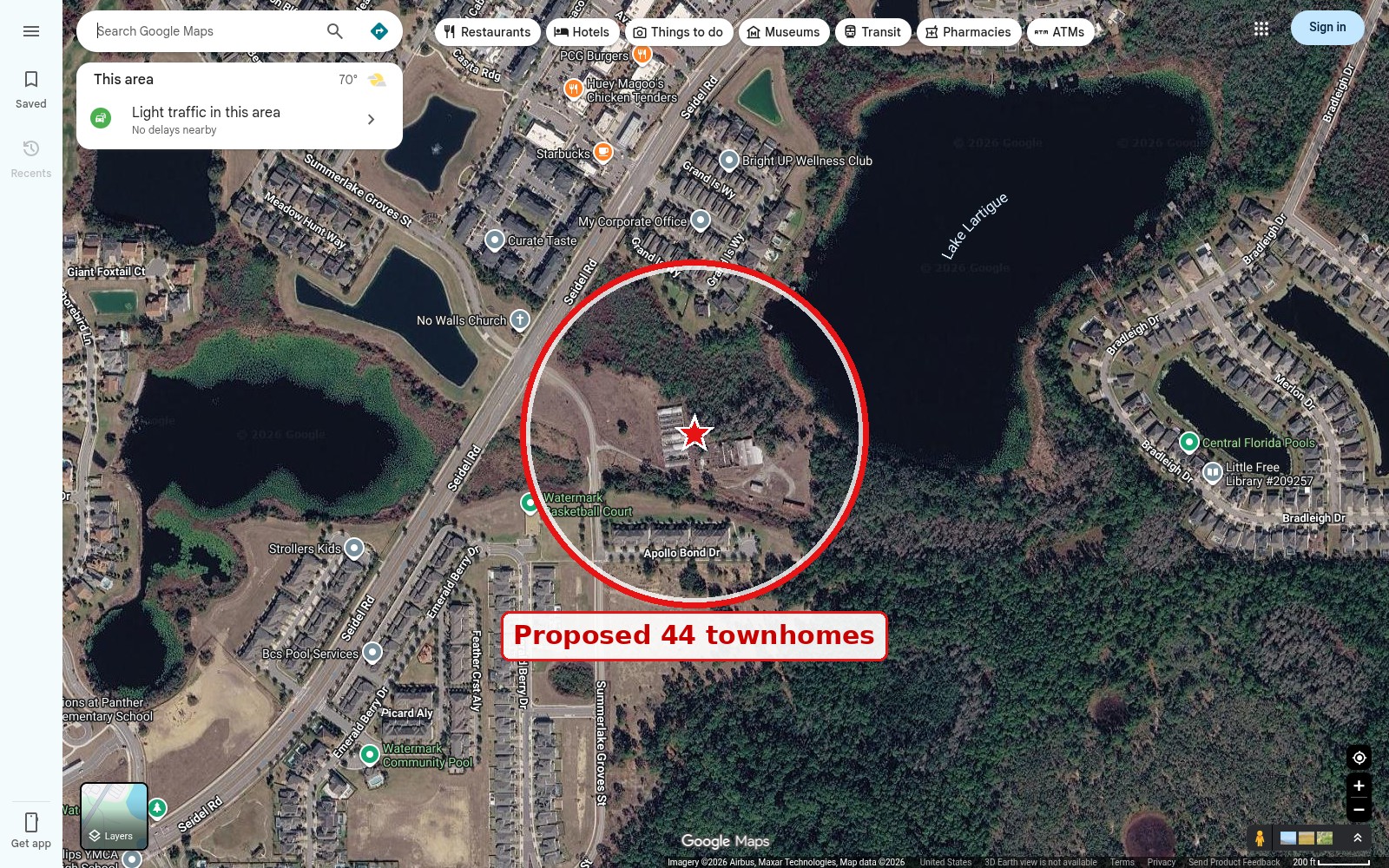 Map showing the proposed 44-townhome site on Seidel Road next to Lake Lartigue in Horizon West