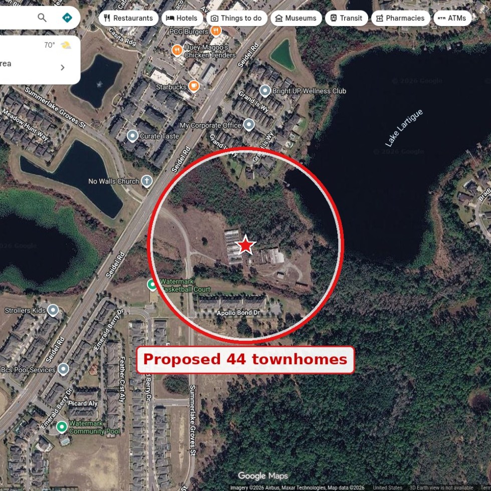 Map showing the proposed 44-townhome site on Seidel Road next to Lake Lartigue in Horizon West