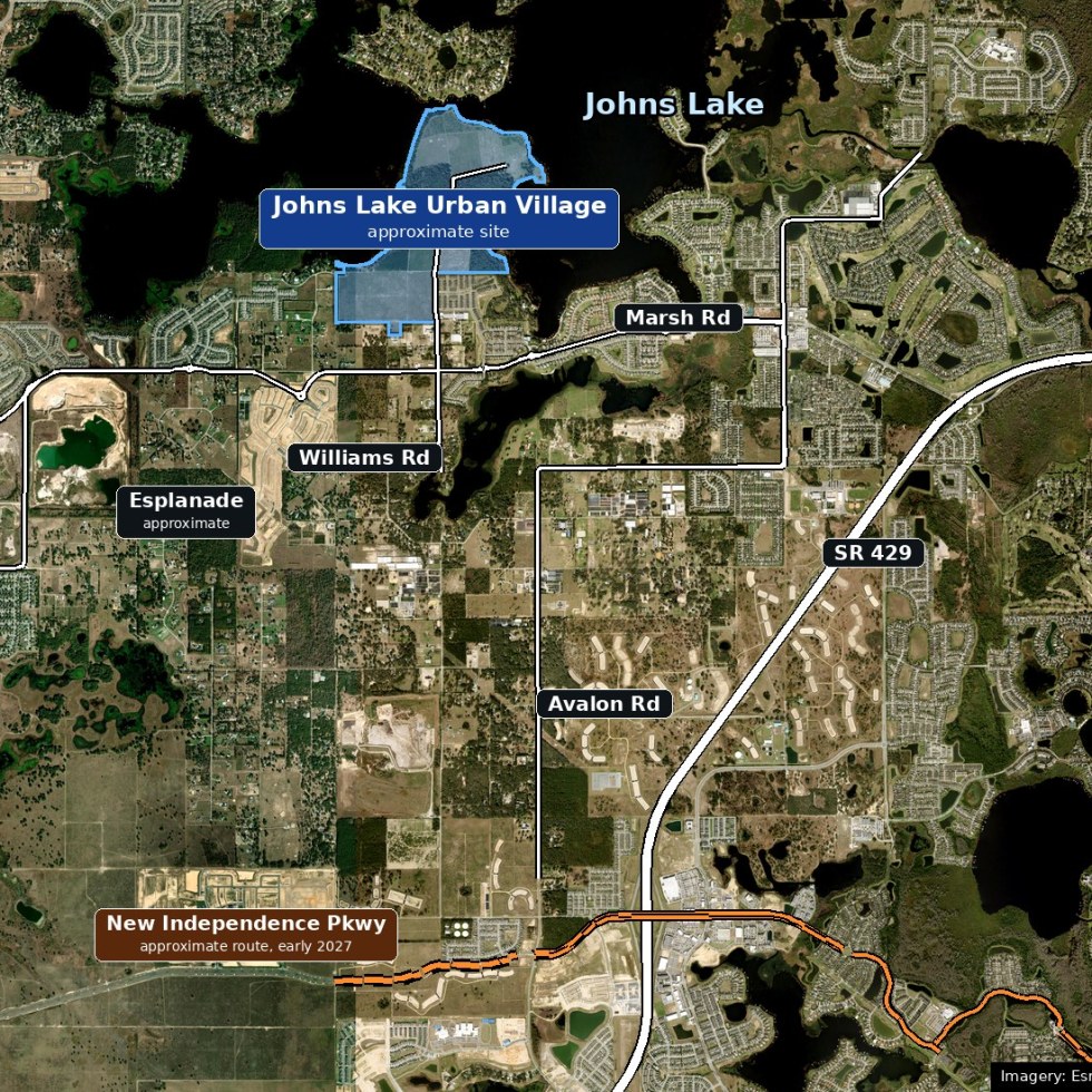Satellite map showing the approximate Johns Lake Urban Village site on the south shore of Johns Lake in Winter Garden, with Marsh Road, Williams Road, Avalon Road, SR 429 and the approximate New Independence Parkway route