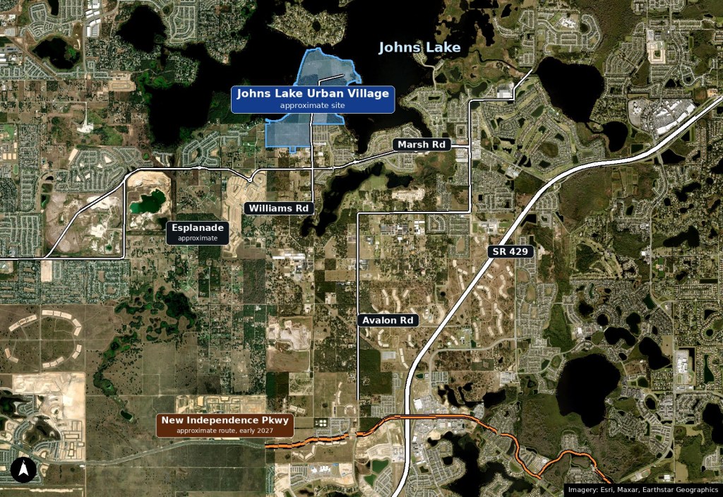 Satellite map showing the approximate Johns Lake Urban Village site on the south shore of Johns Lake in Winter Garden, with Marsh Road, Williams Road, Avalon Road, SR 429 and the approximate New Independence Parkway route